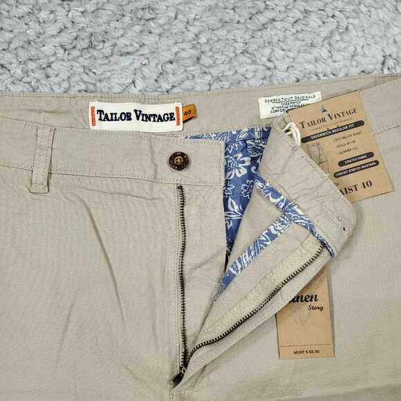 Tailor Vintage Greenwich Chino Shorts Stretch Khaki Linen Size 40 Beige Tan - Picture 3 of 8